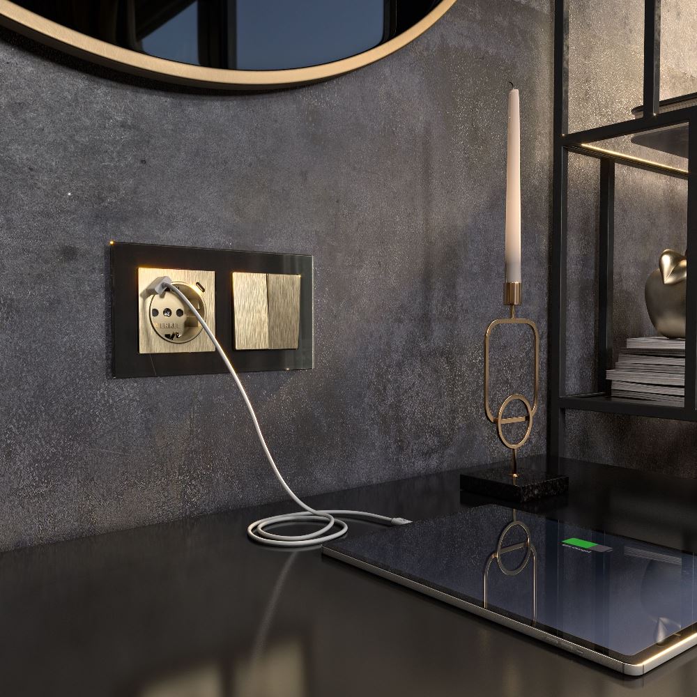 Розетка встраиваемая Werkel с заземлением, шторками и USB тип A+C Шампань рифленый W1171710 — изображение 2